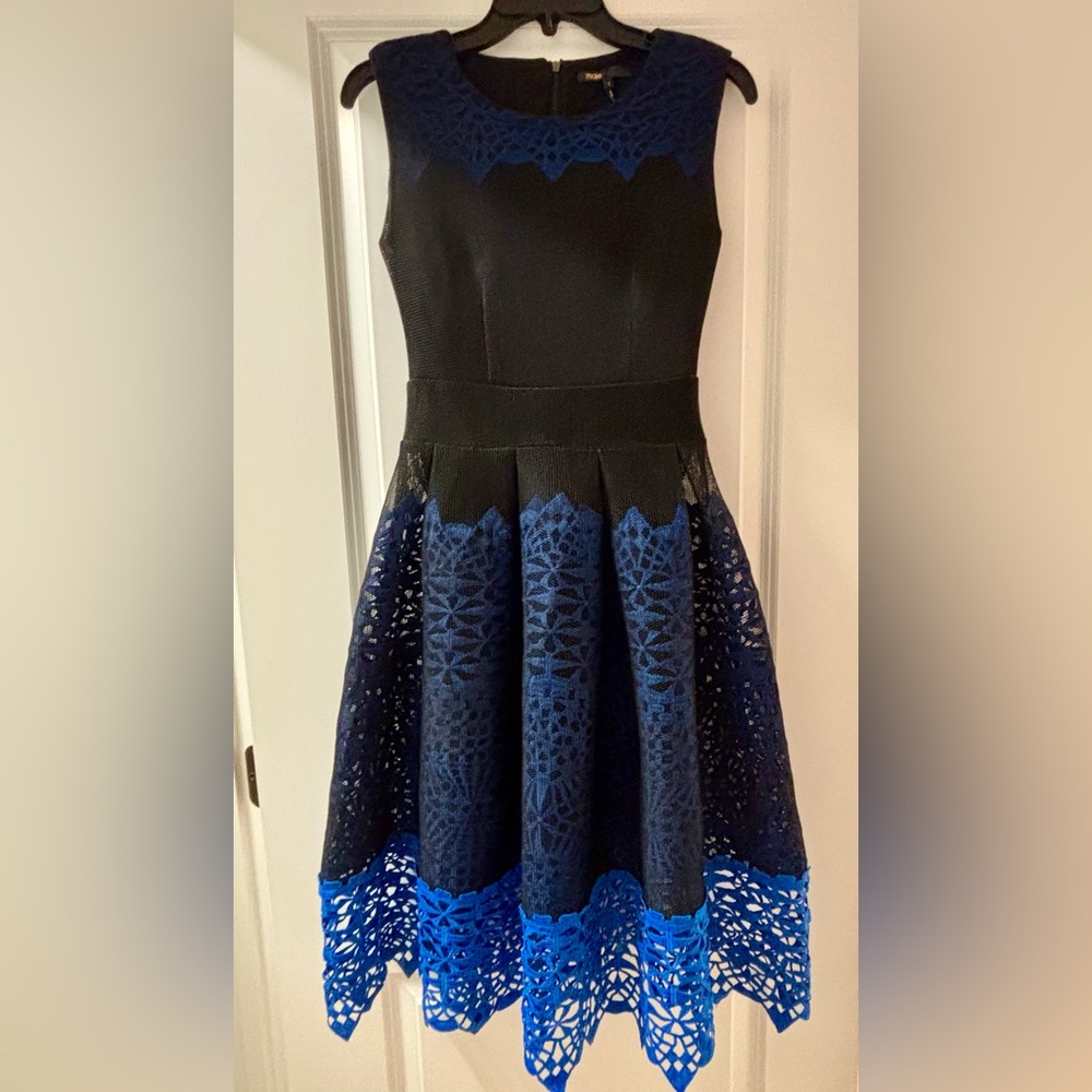 Maje Poppy Lace Mesh Sleeveless Illusion Fit & Flare Cocktail Dress Black/Blue